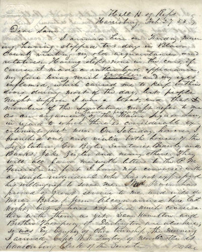 Autograph Letter Signed. Hall of the Pennsylvania House of Representatives, Harrisburg, Feb. 27, 1853 (though mistakenly dated 1852)., (free franked by B. B. Chamberlin), to Sam B. Wilson, Beaver, Pennsylvania.