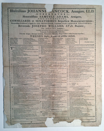Harvards 1791 Graduating Students and Theses, Dedicated to Governor John Hancock and Lieutenant Governor Samuel Adams