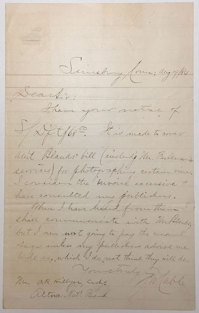 Simsbury, CT, 1884. unbound. very good. 1 page, 8 x 5 inches, Simsbury, Connecticut, August 19, 1884...