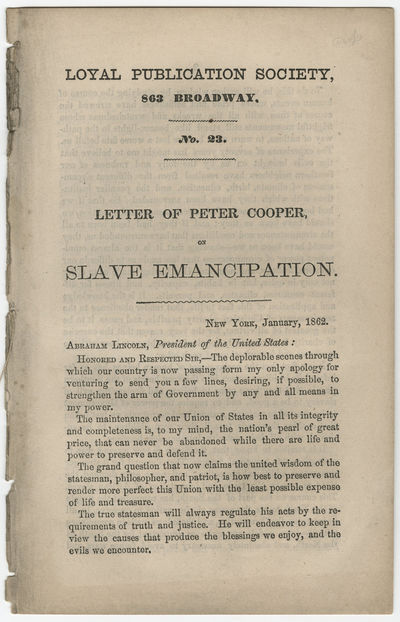 Peter Cooper's Letter to Lincoln Regarding Emancipation