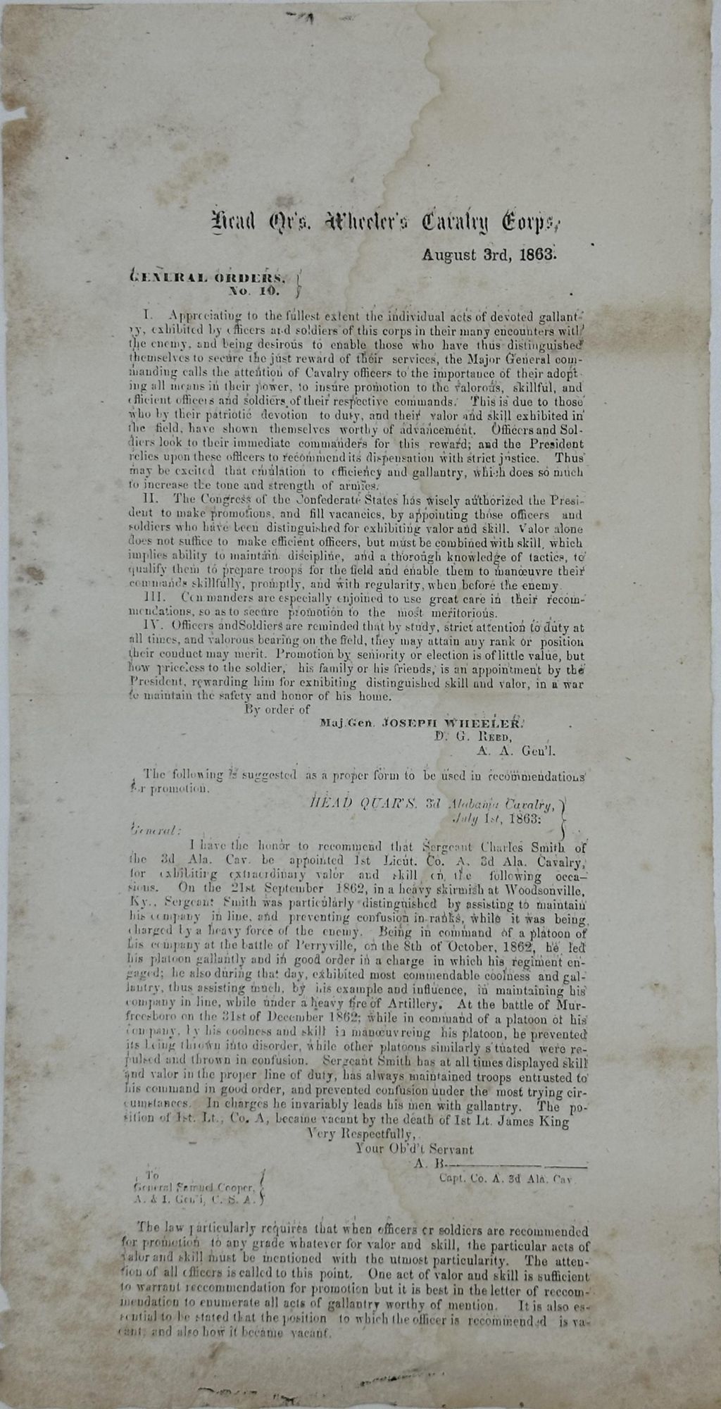 Head Qrs. Wheeler's Cavalry Corps, / August 3rd, 1