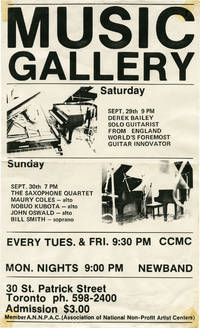 Original flyer for two performances at the Music Gallery by Derek Bailey and The Saxophone Quartet, 1984