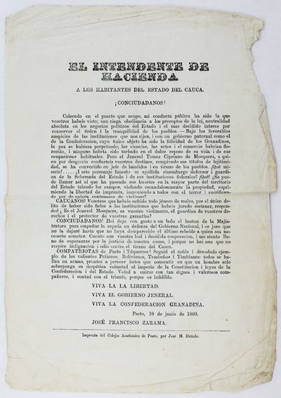 El Intendente de Hacienda a los Habitantes del Estado del Cauca. ¡Conciudadanos! [caption title]
