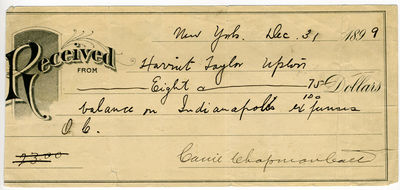Carrie Chapman Catt Signed 1899 Receipt to Fellow Suffragette Harriet Taylor Upton