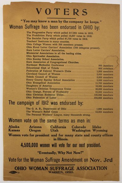 VOTERS. "YOU MAY KNOW A MAN BY THE COMPANY HE KEEPS." WOMAN SUFFRAGE HAS BEEN ENDORSED IN OHIO BY. . . VOTE FOR THE WOMAN SUFFRAGE AMENDMENT ON NOV. 3D