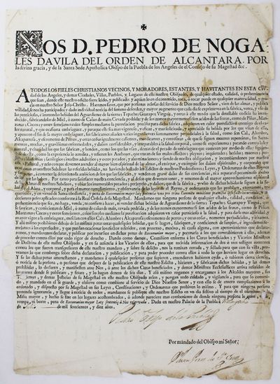 Nos D. Pedro de Nogales da Vila del Orden de Alcantara, por la Divina Gracia, y de la Santa Sede Apostolica Obispo de la Puebla de los Angeles de el Consejo de Su Magestad &c.... [caption title]