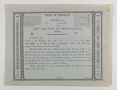 [Unused Stock Certificate for Land in the City and Port of Trespalacios, Texas]