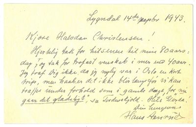 Brevkort til Halvdan Christensen datert Lygndal…