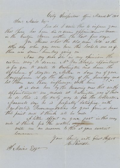 New York City, 1854. Single one-page letter measuring 8 x 12 ½ inches. Folded with one small tear; ...