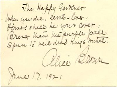 New Hampshire Writer Alice Brown Pens Copy of Her Poem "The Happy Gardener"