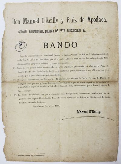 Don Manuel O'Reilly y Ruiz de Apodaca, Coronel Comandante Militar de Esta Jurisdiccion, &. Bando [caption title]