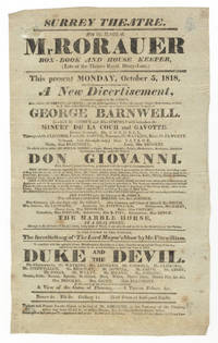 Broadside playbill for a benefit concert at Surrey Theatre on 5 October 1818 featuring a parody of Mozart's Don Giovanni