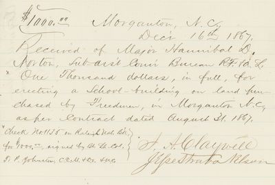 1867 Freedmen’s Bureau Receipt for $1,000 to Build a School on Land Owned by Freedmen in Morganton, North Carolina