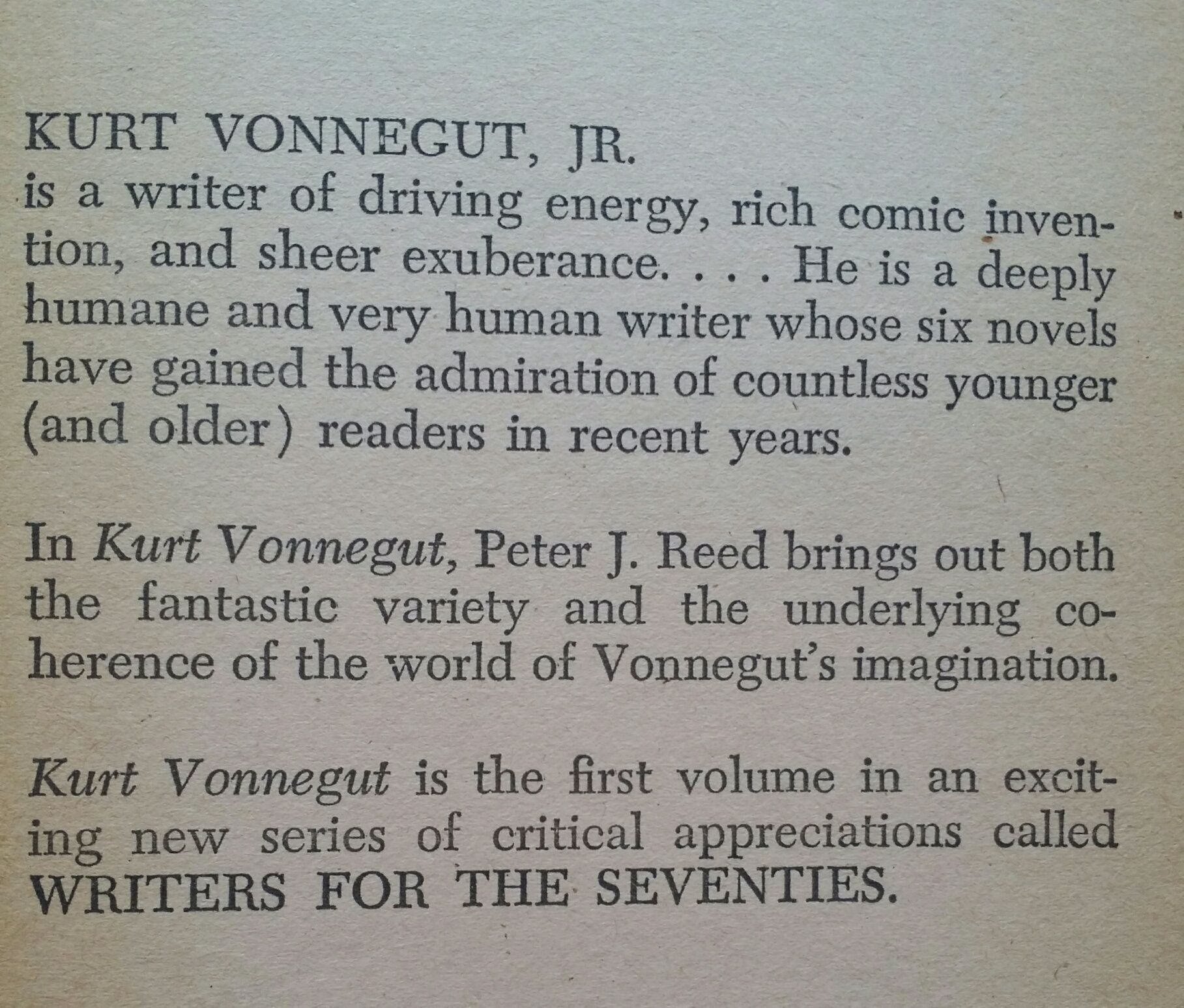 Kurt Vonnegut Jr writers for the 70s by Peter J. Reed Paperback
