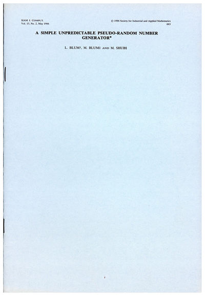 A simple unpredictable pseudo-random number generator. Offprint from Siam J. Comput., 15, No. 2, May 1986, 364-383. Original printed wrappers