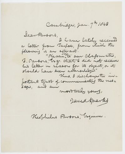 Autograph letter signed to Theophilus Parsons, Jr., Cambridge, 7 January 1843