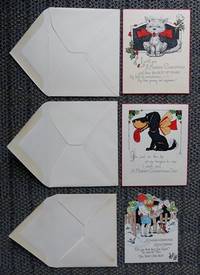 3 VINTAGE CHRISTMAS CARDS - 1. CAT.  2. DOG.  3. CHILDREN CAROLLING.  WITH ORIGINAL ENVELOPES.