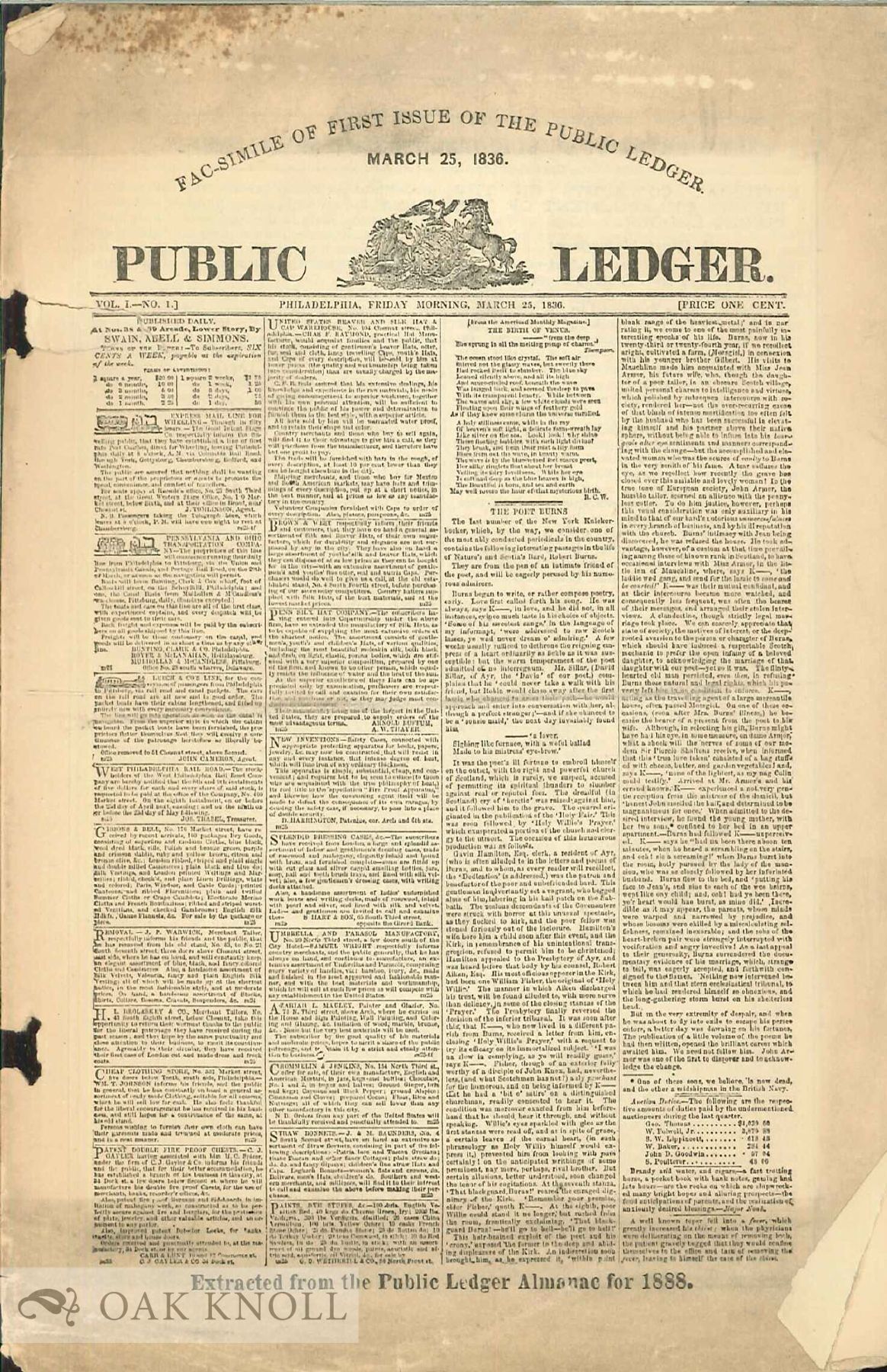 FAC-SIMILE OF FIRST ISSUE OF THE PUBLIC LEDGER, MA