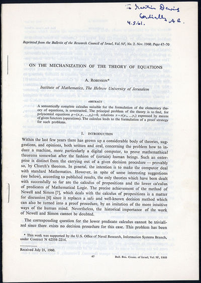 On the mechanization of the theory of equations. Offprint. Inscribed to Martin Davis