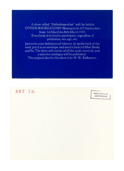 Postcard (150 x 105 mm.), printed on recto and stamped “ART IS:” on verso