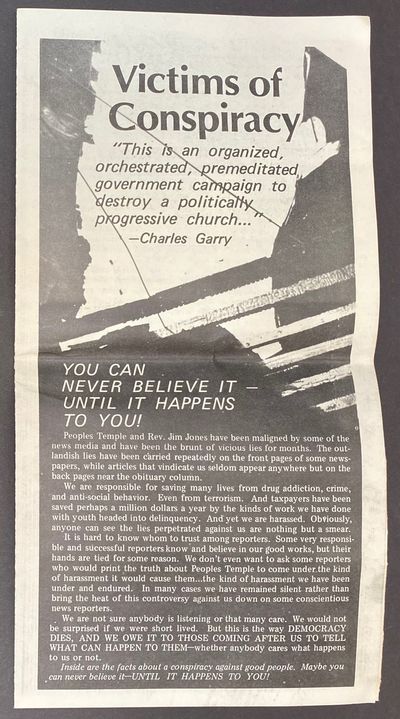Victims of Conspiracy [with additional leaflet laid in, "INTERPOL Special Agent attacks Jim Jones and Peoples Temple"]