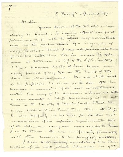 Autograph letter signed to Theophilus Parsons, Jr., East Bridgewater, 3 April 1857
