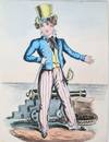 [Original Watercolor] Woman in Slightly Feminized Men's Dress, with a Yellow Top Hat, Tailcoat and Waistcoat and Striped Pants, Cane in Hand, Standing by a Cannon, Sword by Her Side
