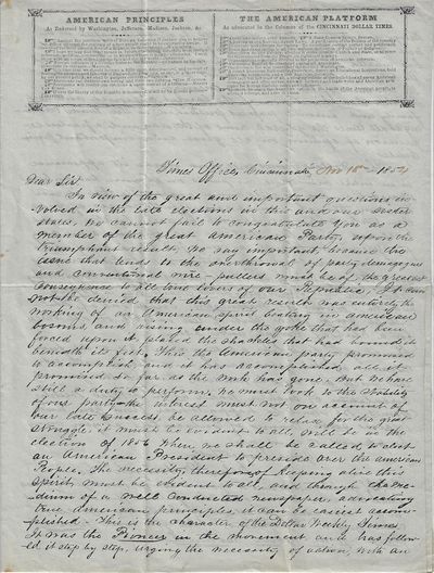 1854 – A broadsheet promoting the American Party (the Know Nothings] that includes its American Principles and the American Party Platform
