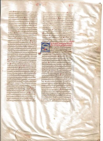 Vellum leaf from a Latin Bible. End of Book of Kings, beginning of Paralipomena (Chronicles)