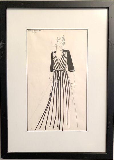 Hand drawn fashion sketch on Balmain stationery, water color and ink