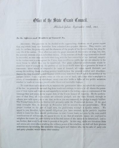 Office of the State Grand Council, Philadelphia, September 20th, 1864. To the Officers and Members of Council No. …