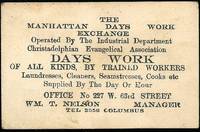 Business Card - The Manhattan Days Work Exchange, Operated by the Industrial Department Christadelphian Evangelical Association