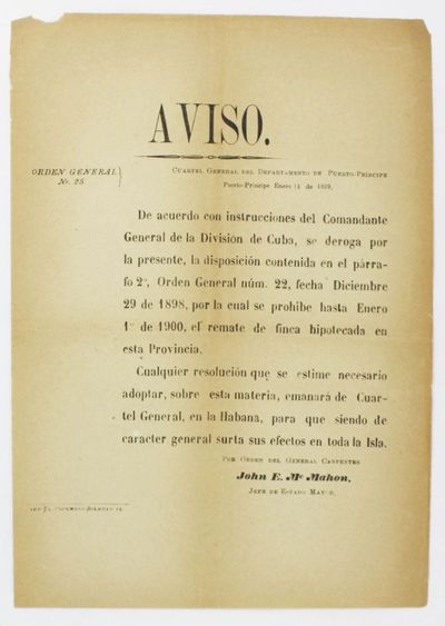 Aviso. Orden General No. 25. Cuartel General del Departamento de Puerto-Principe...Enero 11 de 1899 [caption title]