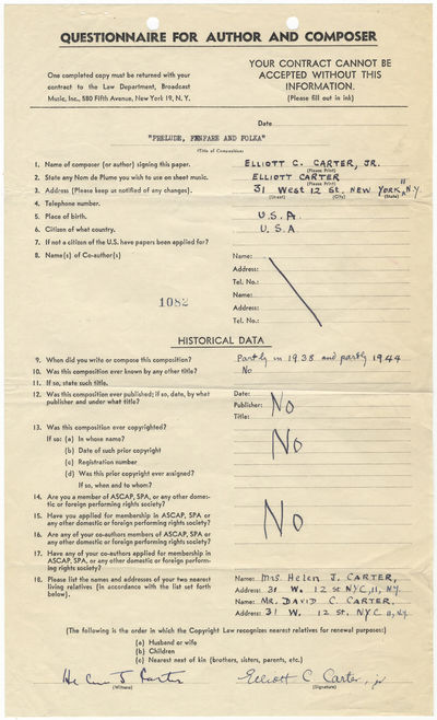 Questionnaire for Author and Composer." Printed BMI contract relative to Carter's composition Prelude, Fanfare and Polka for small orchestra, signed by the composer