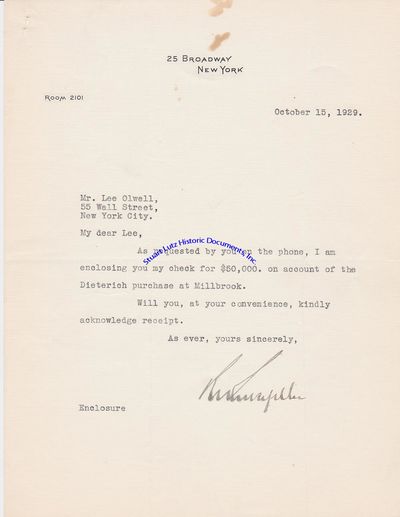 Percy Rockefeller, Of Famous Rockefeller Family And Business Leader, Writes Letter Just Weeks Before 1929 Stock Market Crash