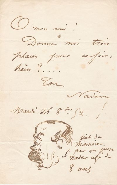 Nadar pens a brief letter with a drawing requesting his friend to give him, 