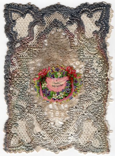 Unique 3D Elaborate Silver Lace Paper 8vo Valentine with Real Lace and Embossed Victorian Scrap