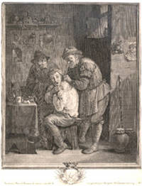 The Surgeon (removing a growth from the back of his patient) engraved by Jacques Coelemans, 1703. 19 x 24.5 cm
