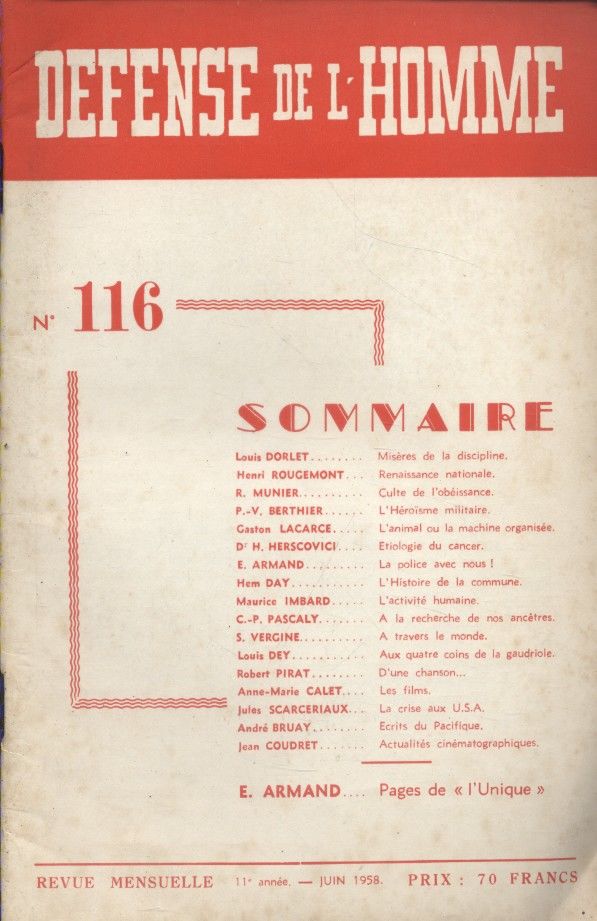 Defense De L Homme N 116 Revue Mensuelle Louis Dorlet Henri Rougemont P V Berthier Emile Armand By Defense De L Homme 1958 From Librairie Caetera Sku 952