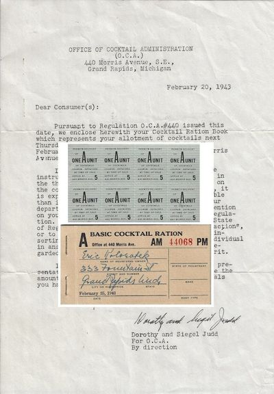1943 – A clever and elaborate cocktail party invitation with two professionally printed similitudes of World War II ration books