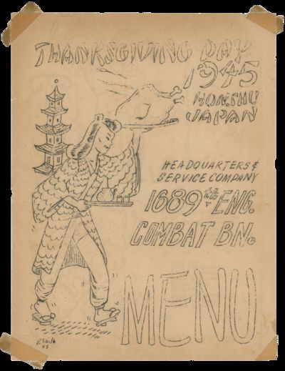 Three Illustrations by Cartoonist Perring Smith of the 1689th Engineering Combat Battalion for Thanksgiving 1945