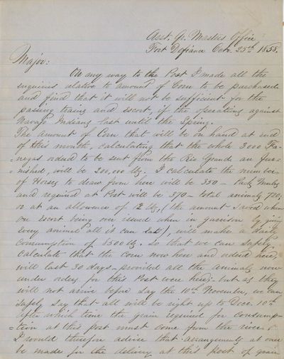 1858 Letter from the Fort Defiance Quartermaster’s Office Requesting Supplies of Corn for Fighting the Navajo
