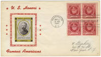 First Day of Issue envelope with portrait stamp of Sousa within decorative border and "U.S. Honors Famous Americans" printed in red at left, with block of four 2-cent commemorative postal stamps, postmarked Washington, D.C., May 3, 1940 and "First Day of Issue