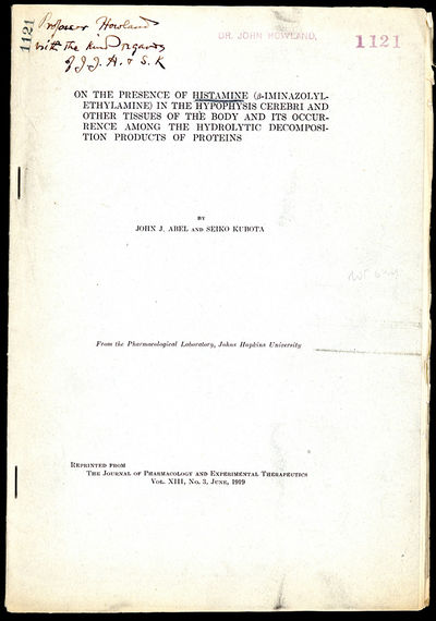 On the presence of histamine (beta-iminazolyl-ethylamine) in the hypophysis cerebri and other tissues of the body and its occurrence among the hydrolytic decomposition products of proteins. Inscribed copy