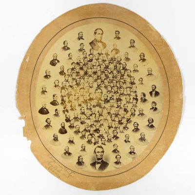 PHOTOMONTAGE OF THE ANTI-SLAVERY CONSTITUTIONAL AMENDMENT PICTURE. WITH BROADSIDE "KEY TO POWELL & CO.'S PHOTOGRAPHS OF ABRAHAM LINCOLN, HANNIBAL HAMLIN, AND OF THE SENATORS AND REPRESENTATIVES WHO VOTED 'AYE' ON THE RESOLUTION SUBMITTING TO THE LEGISLATURES OF THE SEVERAL STATES A PROPOSITION TO AMEND THE CONSTITUTION OF THE UNITED STATES SO AS TO PROHIBIT SLAVERY.