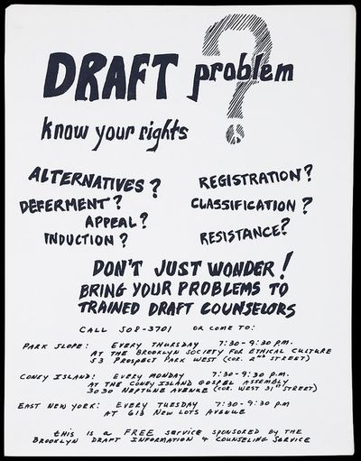Brooklyn: Brooklyn Draft Information & Counseling Service. ca. 1967. A flyer advertising the free se...