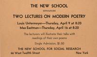 The New School announcement card for lectures by Louis Untermeyer and Max Eastman [1953]