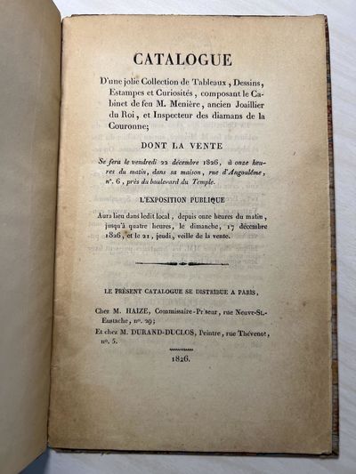 Catalogue d’une jolie Collection… (22 December 1826)