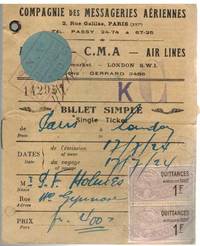 SINGLE TICKET C. M. A. Airlines Paris to London 1924