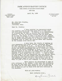 "THE MAN FOSDICK AND THE RIVERSIDE IDEA": A COMPLETE AUTOGRAPH MANUSCRIPT PENNED in INK by JOHN HYDE PRESTON about the American Pastor HARRY EMERSON FOSDICK. Together with a TYPED LETTER SIGNED by FOSDICK and several pages of the subsequent typed manuscript with autograph annotations and corrections by Fosdick.